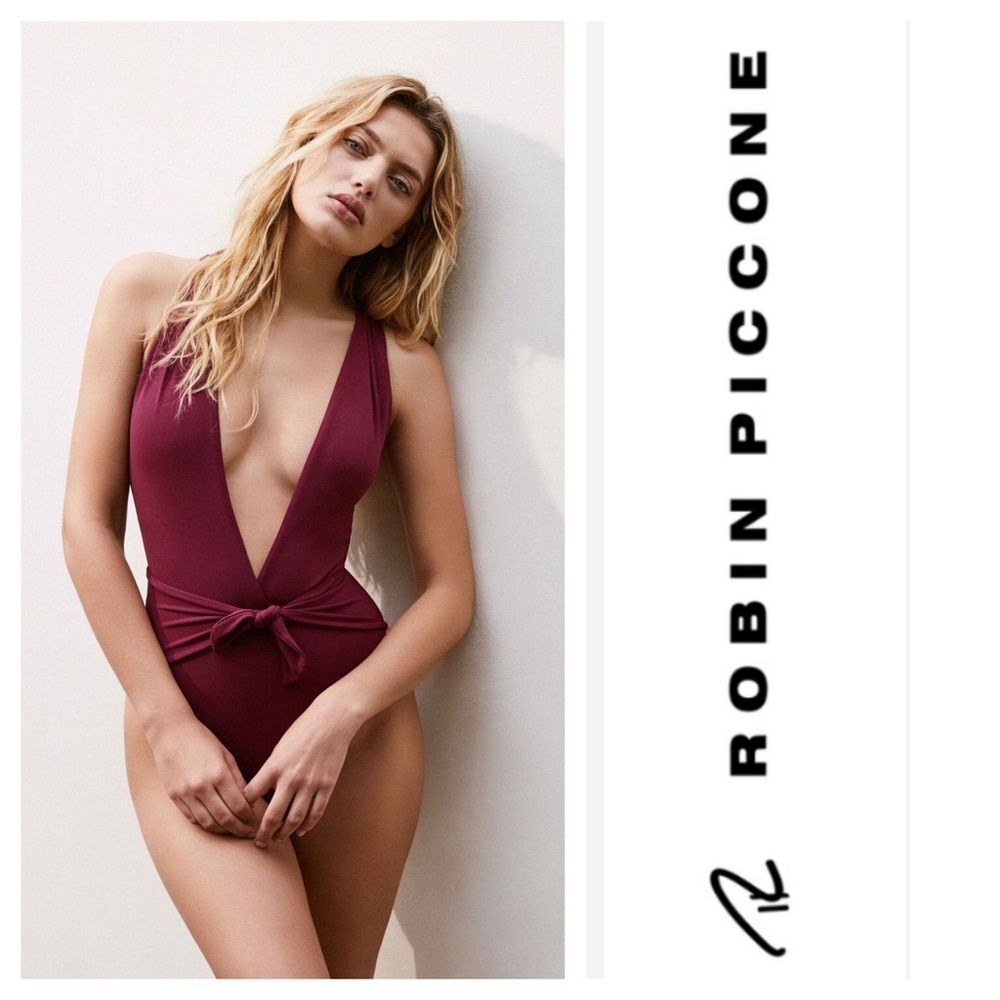 NWT Robin Piccone Halter Neck One Piece Swimsuit Sz 4 Plunging Burgundy Resort